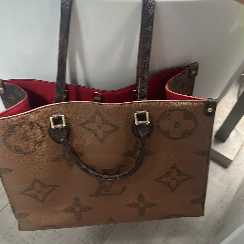 Brown Monogram Reversible Tote with Red Interior